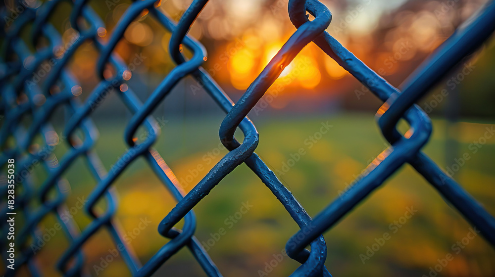 Close-up of chain link fence with orange sunset in the background Close-up of chain link fence with orange sunset in the background