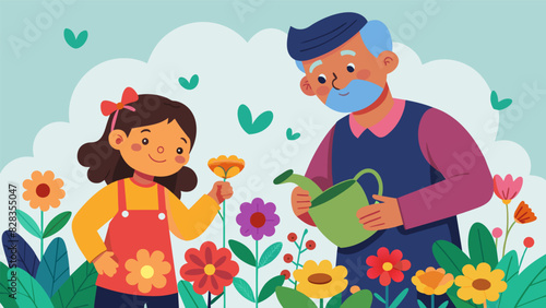 A grandfather and his granddaughter laughing as they water a bed of brightly colored flowers together sharing stories and gardening tips.. Vector illustration