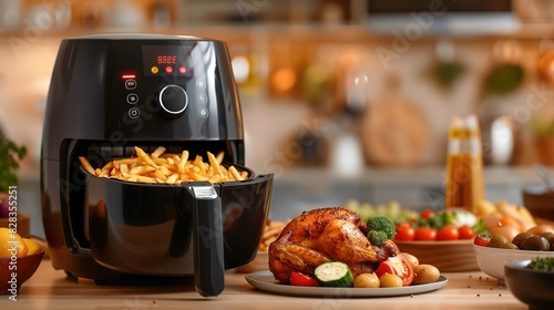 A black air fryer with french fries and chicken
