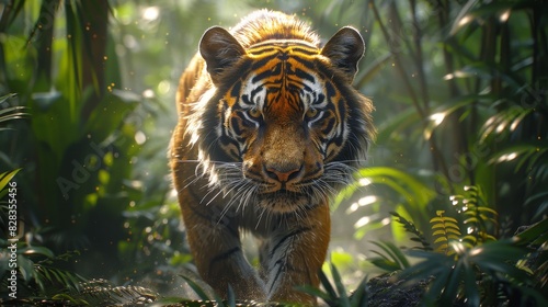 Close-up of a majestic Bengal tiger walking amidst lush green foliage in a dense forest, captured in natural light.