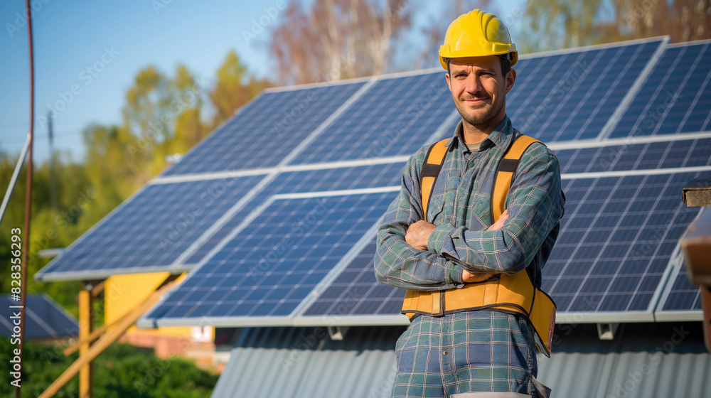Solar panel installer technician stands with folded arms in a dynamic and happy pose in front of solar panels on a residential roof. The worker is wearing safety gear Solar panel installer technician stands with folded arms in a dynamic and happy pose in front of solar panels on a residential roof. The worker is wearing safety gear