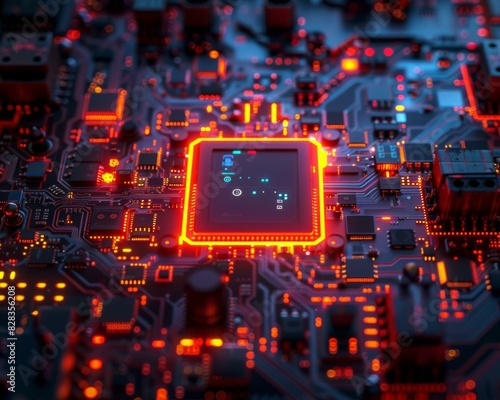 A close-up of a computer circuit board with a glowing red CPU. AI.