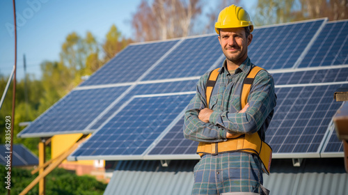 Solar panel installer technician stands with folded arms in a dynamic and happy pose in front of solar panels on a residential roof. The worker is wearing safety gear