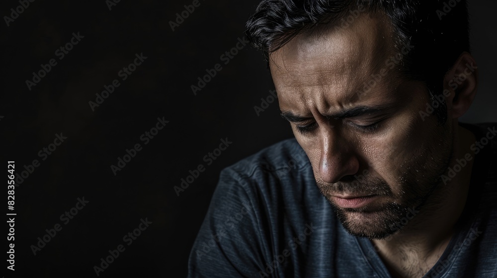 Sad man in portrait against black backdrop with room for text