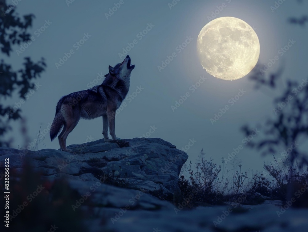 A wolf howls at the moon. AI. A wolf howls at the moon. AI.