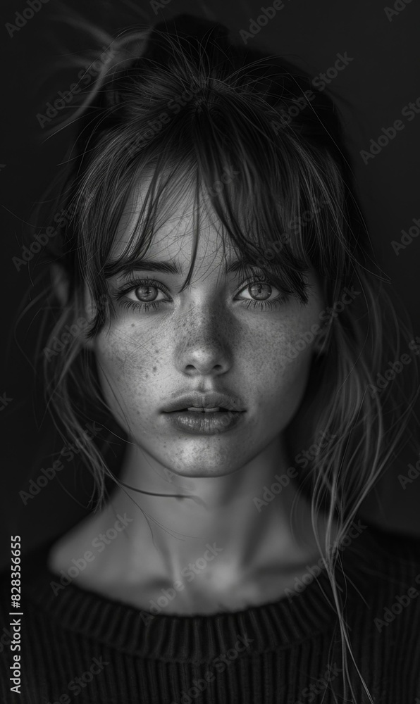 Portrait of a young woman with freckles and dark hair. AI. Portrait of a young woman with freckles and dark hair. AI.