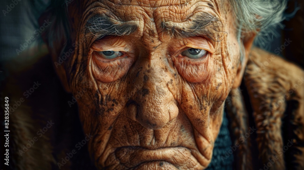 Portrait of an elderly man with weathered skin and a stern expression. AI.