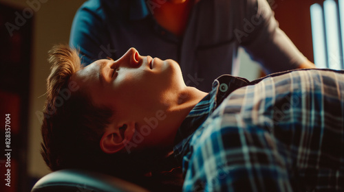 Chiropractic Adjustment: A chiropractor performing an adjustment on a patient. Dynamic and dramatic composition, with cope space photo
