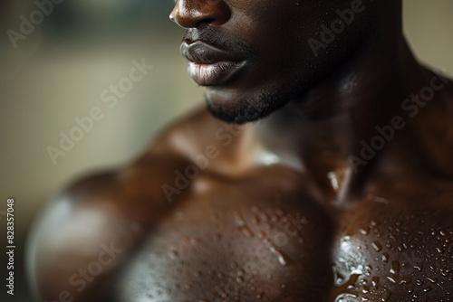 Lips and chin of a shirtless athletic male model close-up