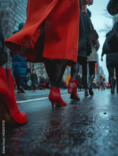 A group of people walking in the rain. AI.