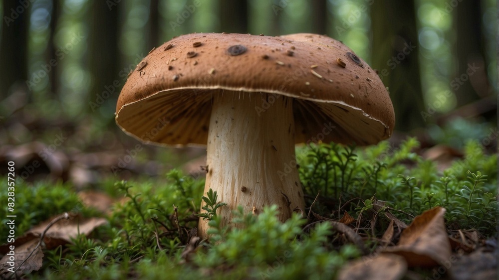 A large brown mushroom with a white stem growing in a forest. AI.