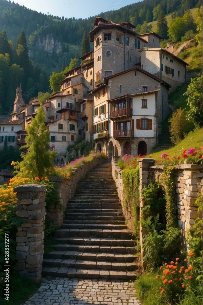 Stone steps lead up to a charming village nestled in the mountains. AI.