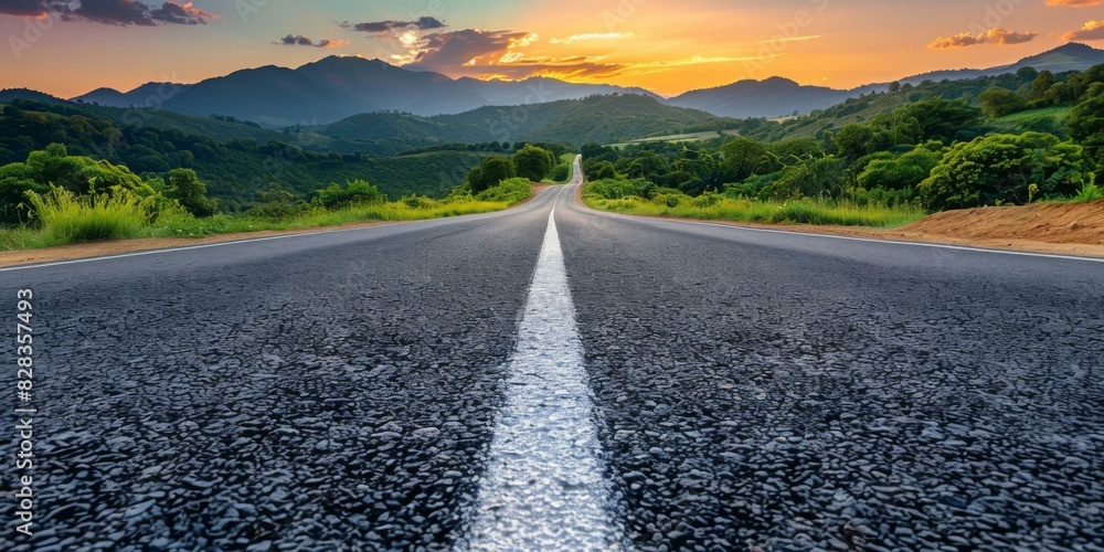 A long and winding road stretches out into the distance, surrounded by lush green hills and a beautiful sunset sky. AI. A long and winding road stretches out into the distance, surrounded by lush green hills and a beautiful sunset sky. AI.