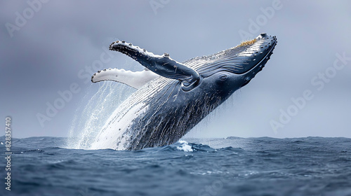 A blue whale is jumping out of the ocean. The whale is blue and white and is surrounded by water.