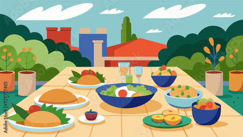 A rooftop garden dinner party features a nontraditional menu with hummus pita bread and falafel as the main dishes.. Vector illustration