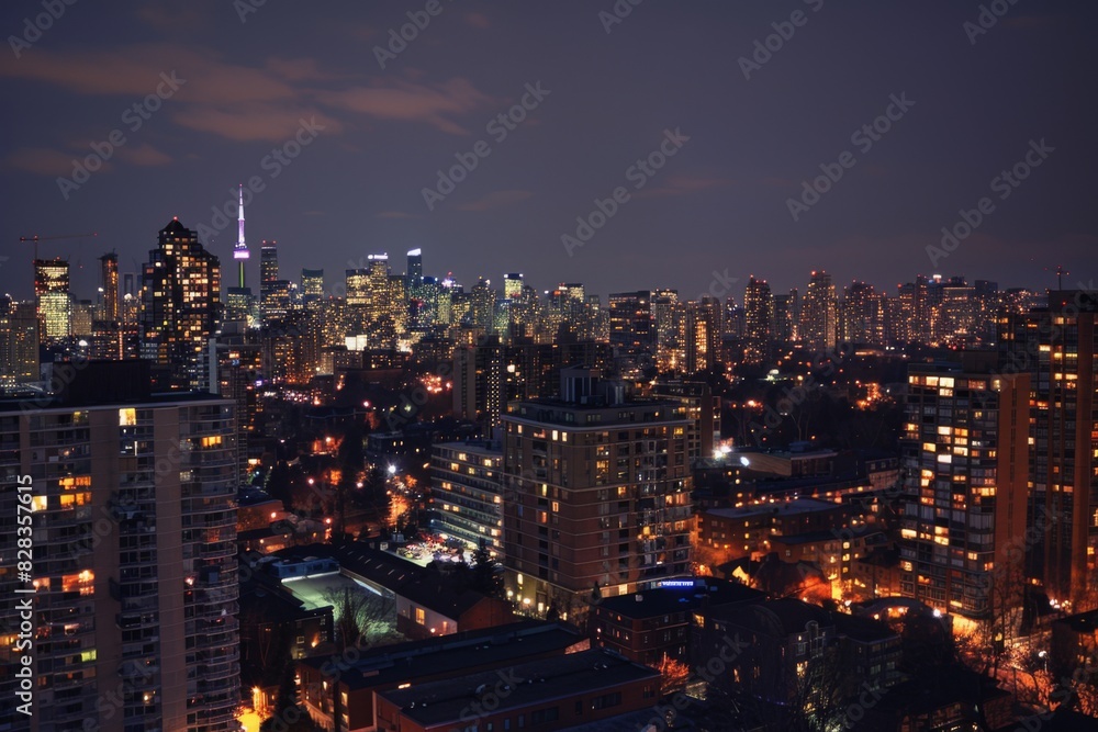Nighttime view of a city with a lot of tall buildings