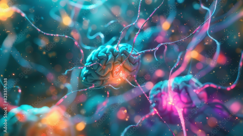 Illustration, a close-up of the human brain showing the excitation and expansion of neurons Illustration, a close-up of the human brain showing the excitation and expansion of neurons