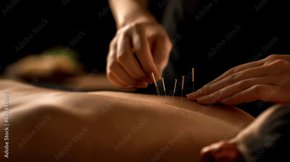 An acupuncturist placing needles along the back. Dynamic and dramatic composition, with cope space