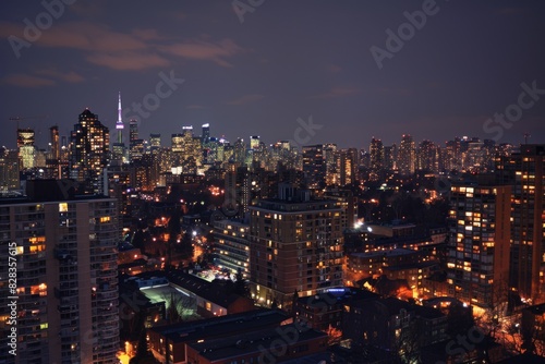 Nighttime view of a city with a lot of tall buildings