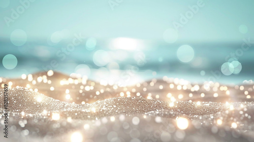 Magical bokeh lights cast a serene glow on glistening summer beach sands.