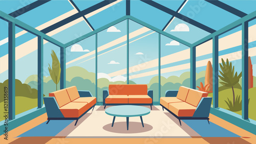 A sunroom designed for relaxation complete with comfortable seating and plenty of natural light streaming in through the glass walls and ceiling.. Vector illustration