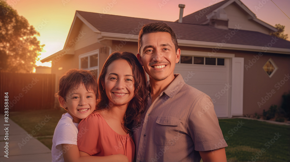 Happy, smiling family with children moving against the backdrop of their new home in the yard. Happy, smiling family with children moving against the backdrop of their new home in the yard.