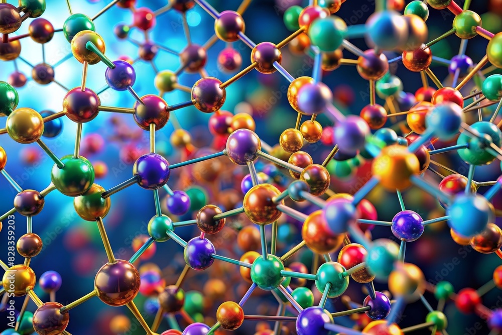 A vibrant and colorful 3D illustration of interconnected molecules forming complex patterns, showcasing the beauty and complexity of molecular structures A vibrant and colorful 3D illustration of interconnected molecules forming complex patterns, showcasing the beauty and complexity of molecular structures