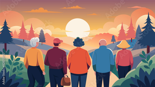 As the sun rises over the horizon a group of seniors gather for a mindful walk embracing the present moment and the beauty of the surrounding forest.. Vector illustration
