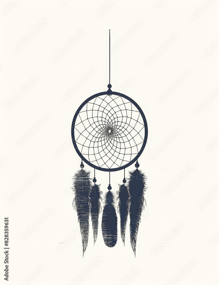 Obraz premium Minimalist dreamcatcher design with black feathers. Ideal for print, decoration, tattoo inspiration, or spiritual concepts.