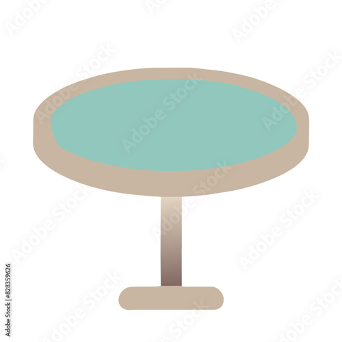  vector illustration of a round table with a pedestal base, colored in teal and brown