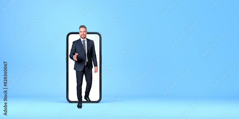 Businessman in a suit stepping out of a giant smartphone screen Businessman in a suit stepping out of a giant smartphone screen