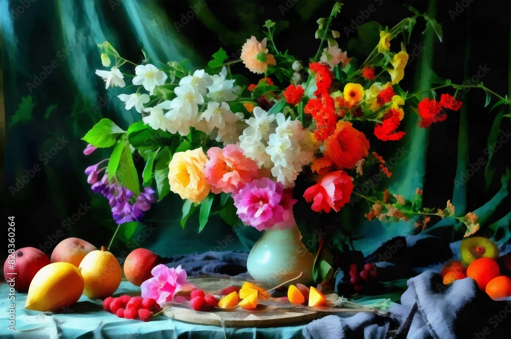 Still life image flowers in a vase and fruits, imitation oil painting. Still life image flowers in a vase and fruits, imitation oil painting.