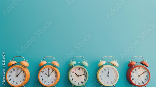 A creative composition of multiple alarm clocks set to different times, symbolizing time management and the importance of being punctual. photo