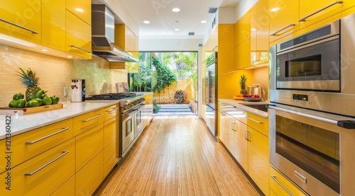 Minimal yellow kitchen with mustard yellow cabinets  bamboo flooring  and modern lighting fixtures