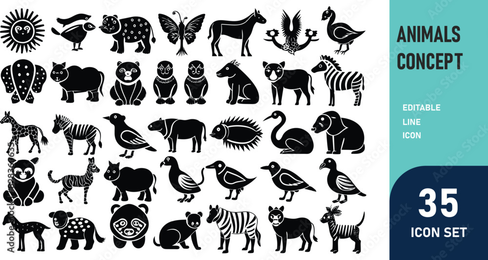 Fototapeta premium Animals related concept such as Dog, cat, horse, pig, sheep, goat, chicken, bird, fish & many more editable stroke outline icons isolated on white background flat vector illustration