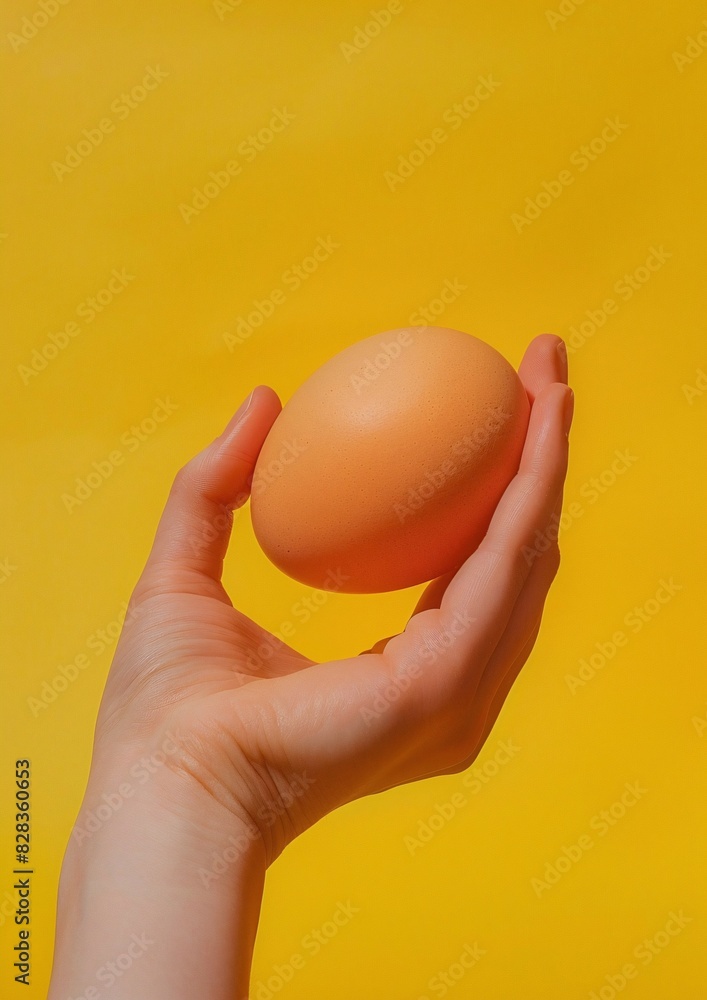 Hand Cradling an Egg on a Bright Yellow Background Hand Cradling an Egg on a Bright Yellow Background