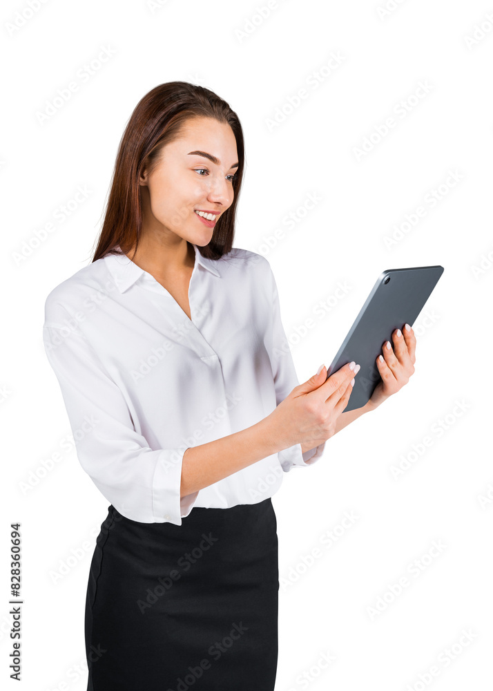 Businesswoman with tablet in hands, smiling. Isolated over white background Businesswoman with tablet in hands, smiling. Isolated over white background
