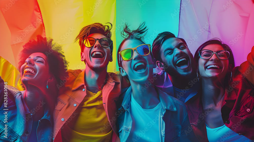 Obraz premium Digital art captures a vibrant celebration as a group of diverse friends wave holographic flags, echoing the spirit of Pop Art with vibrant colors
