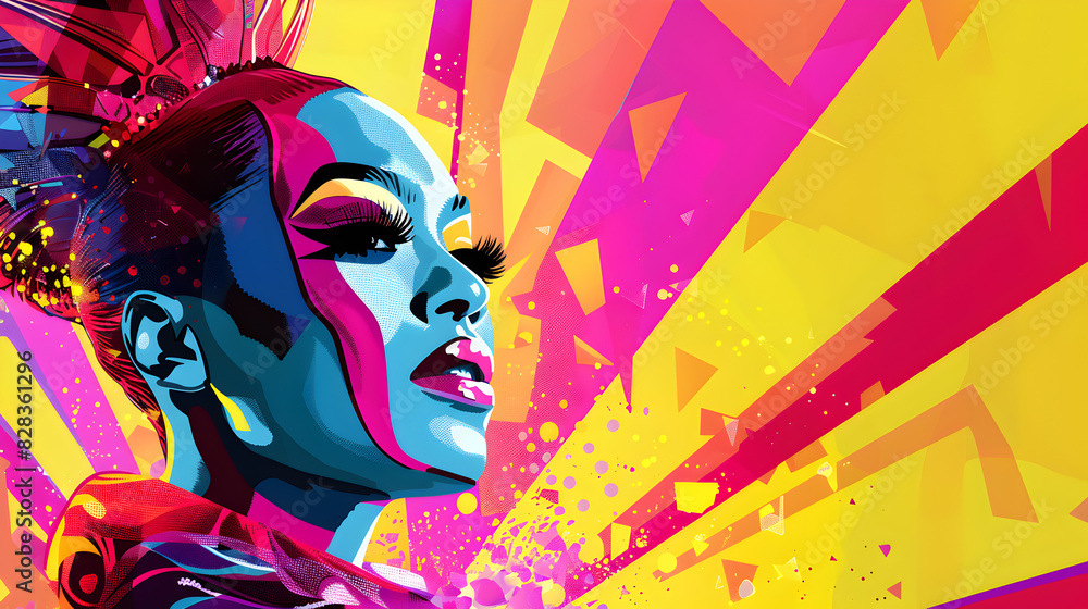Bold colors and dynamic energy fill the LGBTQ pride parade's digital illustration, with drag queens commanding attention on holographic floats in a nod to Pop Art Bold colors and dynamic energy fill the LGBTQ pride parade's digital illustration, with drag queens commanding attention on holographic floats in a nod to Pop Art