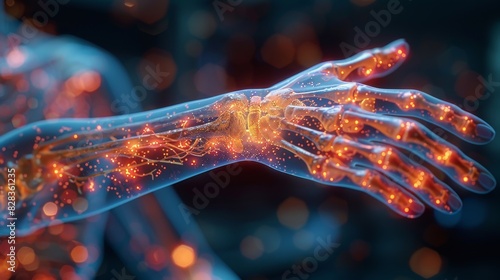 Transparent skeletal arm with glowing nerves and joints, illustrating carpal tunnel syndrome and repetitive strain injury in a dark, high-tech environment.