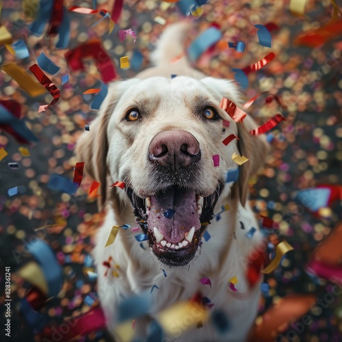 Dog celebrating birthday with vibrant confetti, front view with festive decorations, conveying joy and happiness photo