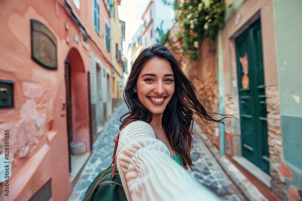 A Woman Smiling on a Narrow Cobblestone Street A Woman Smiling on a Narrow Cobblestone Street