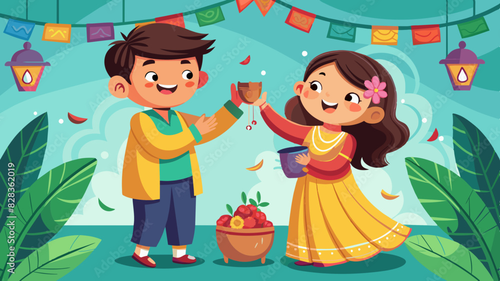 A whimsical vector of a playful brother-sister moment during a fun-filled pre-wedding ritual.. Indian Style Vector A whimsical vector of a playful brother-sister moment during a fun-filled pre-wedding ritual.. Indian Style Vector