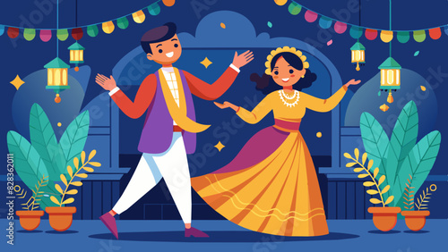 A modern flat design of a young Indian couple dancing joyously at their sangeet ceremony.
. Indian Style Vector