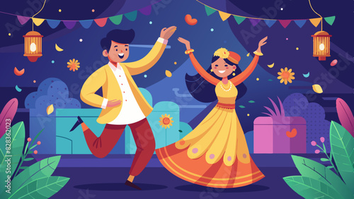 A modern flat design of a young Indian couple dancing joyously at their sangeet ceremony.
. Indian Style Vector