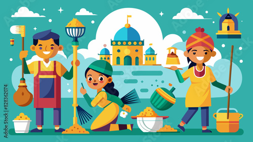 A playful set of icons depicting household chores with an Indian twist, like sweeping with a jhaadu.. Indian Style Vector
