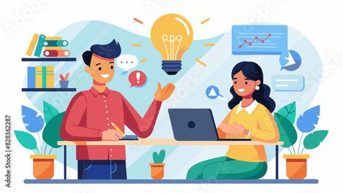 A modern flat design of a young Indian couple brainstorming ideas together in a modern office space.
