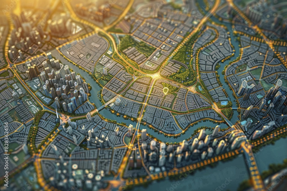 High-resolution city map with golden marker, aerial view with modern design, showcasing precise navigation details. High-resolution city map with golden marker, aerial view with modern design, showcasing precise navigation details.