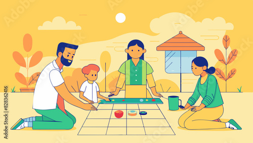 
A minimalist line art design of an Indian family playing carrom on a sunny afternoon. Indian Style Vector