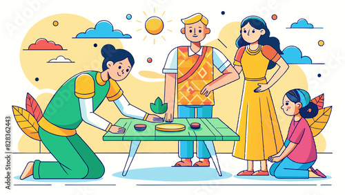 
A minimalist line art design of an Indian family playing carrom on a sunny afternoon. Indian Style Vector